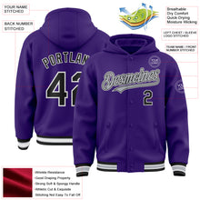 Загрузить изображение в средство просмотра галереи, Custom Purple Black-Gray Bomber Full-Snap Varsity Letterman Hoodie Jacket
