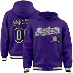 Custom Purple Black-Gray Bomber Full-Snap Varsity Letterman Hoodie Jacket