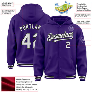 Custom Purple White-Black Bomber Full-Snap Varsity Letterman Hoodie Jacket