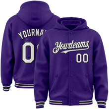 Загрузить изображение в средство просмотра галереи, Custom Purple White-Black Bomber Full-Snap Varsity Letterman Hoodie Jacket
