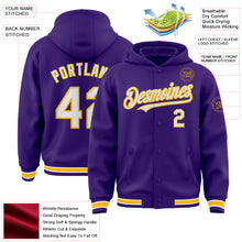 Laden Sie das Bild in den Galerie-Viewer, Custom Purple White-Gold Bomber Full-Snap Varsity Letterman Hoodie Jacket
