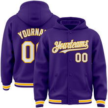 Laden Sie das Bild in den Galerie-Viewer, Custom Purple White-Gold Bomber Full-Snap Varsity Letterman Hoodie Jacket
