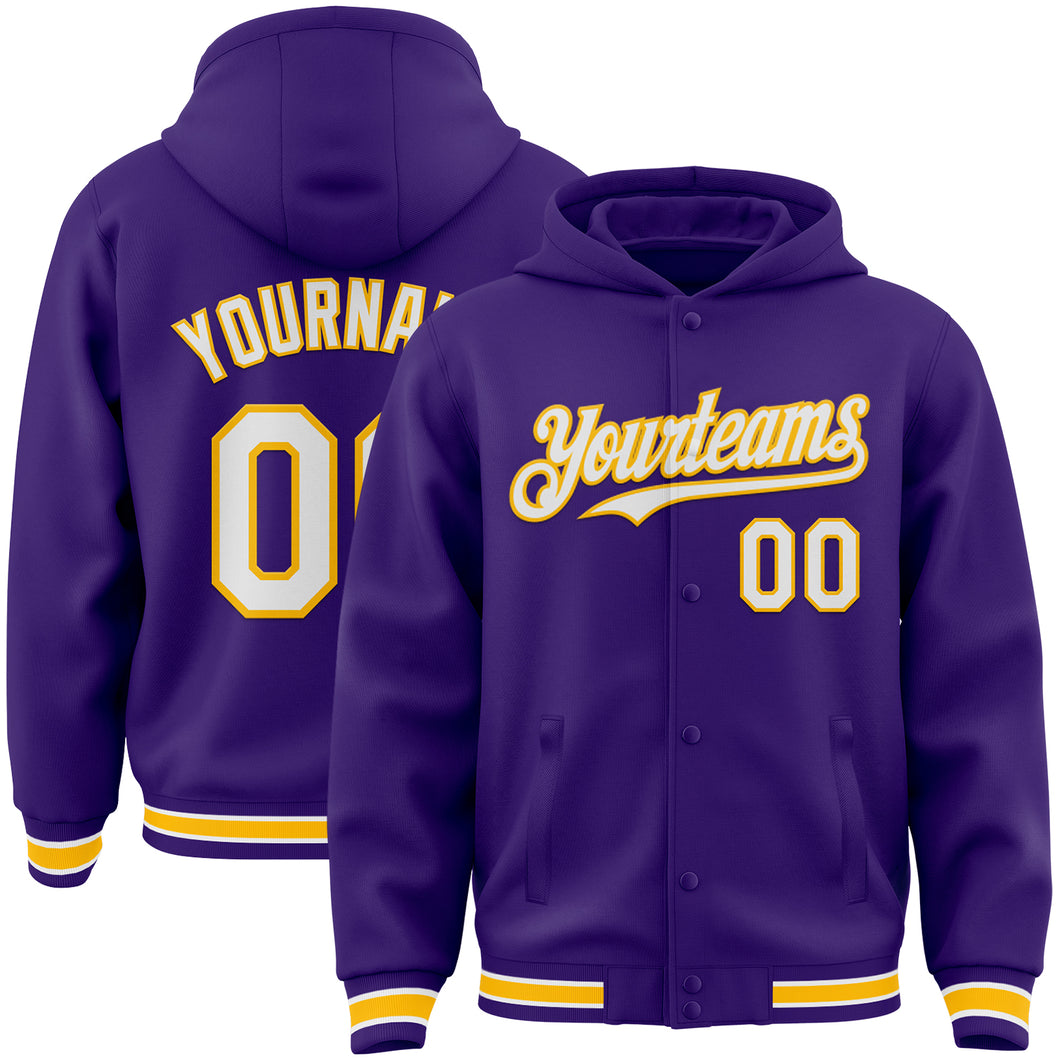 Custom Purple White-Gold Bomber Full-Snap Varsity Letterman Hoodie Jacket