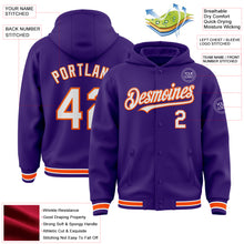 Charger l&#39;image dans la galerie, Custom Purple White-Orange Bomber Full-Snap Varsity Letterman Hoodie Jacket
