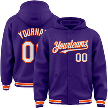 Charger l&#39;image dans la galerie, Custom Purple White-Orange Bomber Full-Snap Varsity Letterman Hoodie Jacket
