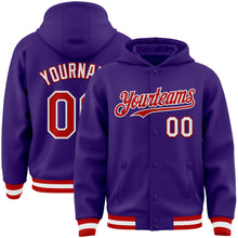 Загрузить изображение в средство просмотра галереи, Custom Purple Red-White Bomber Full-Snap Varsity Letterman Hoodie Jacket
