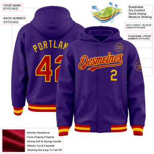 Custom Purple Red-Gold Bomber Full-Snap Varsity Letterman Hoodie Jacket