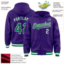 Загрузить изображение в средство просмотра галереи, Custom Purple Kelly Green-White Bomber Full-Snap Varsity Letterman Hoodie Jacket
