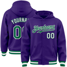 Загрузить изображение в средство просмотра галереи, Custom Purple Kelly Green-White Bomber Full-Snap Varsity Letterman Hoodie Jacket
