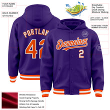 Загрузить изображение в средство просмотра галереи, Custom Purple Orange-White Bomber Full-Snap Varsity Letterman Hoodie Jacket
