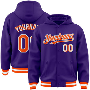 Custom Purple Orange-White Bomber Full-Snap Varsity Letterman Hoodie Jacket