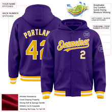 Загрузить изображение в средство просмотра галереи, Custom Purple Gold-White Bomber Full-Snap Varsity Letterman Hoodie Jacket
