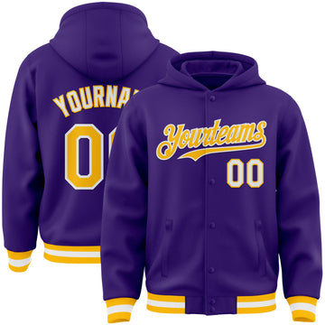 Custom Purple Gold-White Bomber Full-Snap Varsity Letterman Hoodie Jacket