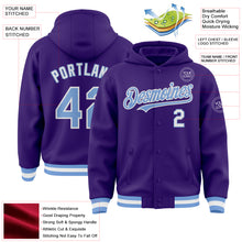 Charger l&#39;image dans la galerie, Custom Purple Light Blue-White Bomber Full-Snap Varsity Letterman Hoodie Jacket
