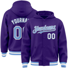 Charger l&#39;image dans la galerie, Custom Purple Light Blue-White Bomber Full-Snap Varsity Letterman Hoodie Jacket
