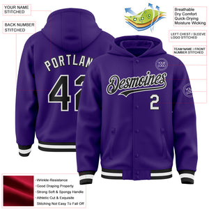 Custom Purple Black-White Bomber Full-Snap Varsity Letterman Hoodie Jacket