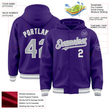 Загрузить изображение в средство просмотра галереи, Custom Purple Gray-White Bomber Full-Snap Varsity Letterman Hoodie Jacket
