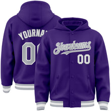 Загрузить изображение в средство просмотра галереи, Custom Purple Gray-White Bomber Full-Snap Varsity Letterman Hoodie Jacket
