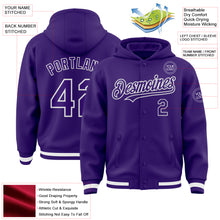 Загрузить изображение в средство просмотра галереи, Custom Purple White Bomber Full-Snap Varsity Letterman Hoodie Jacket
