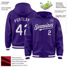 Загрузить изображение в средство просмотра галереи, Custom Purple White Bomber Full-Snap Varsity Letterman Hoodie Jacket
