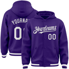 Загрузить изображение в средство просмотра галереи, Custom Purple White Bomber Full-Snap Varsity Letterman Hoodie Jacket
