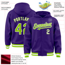 Загрузить изображение в средство просмотра галереи, Custom Purple Neon Green-White Bomber Full-Snap Varsity Letterman Hoodie Jacket
