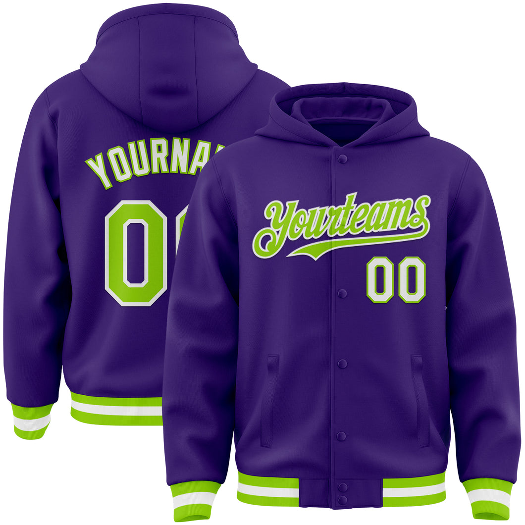 Custom Purple Neon Green-White Bomber Full-Snap Varsity Letterman Hoodie Jacket