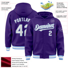 Charger l&#39;image dans la galerie, Custom Purple White-Light Blue Bomber Full-Snap Varsity Letterman Hoodie Jacket
