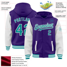 Загрузить изображение в средство просмотра галереи, Custom Purple Teal-White Bomber Full-Snap Varsity Letterman Two Tone Hoodie Jacket
