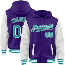 Загрузить изображение в средство просмотра галереи, Custom Purple Teal-White Bomber Full-Snap Varsity Letterman Two Tone Hoodie Jacket
