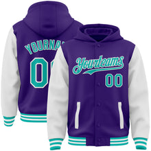 Загрузить изображение в средство просмотра галереи, Custom Purple Aqua-White Bomber Full-Snap Varsity Letterman Two Tone Hoodie Jacket
