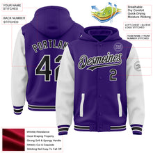 Charger l&#39;image dans la galerie, Custom Purple Black-White Bomber Full-Snap Varsity Letterman Two Tone Hoodie Jacket
