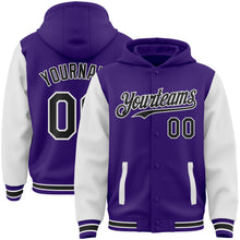 Charger l&#39;image dans la galerie, Custom Purple Black-White Bomber Full-Snap Varsity Letterman Two Tone Hoodie Jacket
