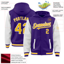 Загрузить изображение в средство просмотра галереи, Custom Purple Gold-White Bomber Full-Snap Varsity Letterman Two Tone Hoodie Jacket
