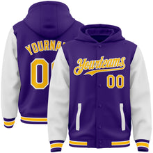 Загрузить изображение в средство просмотра галереи, Custom Purple Gold-White Bomber Full-Snap Varsity Letterman Two Tone Hoodie Jacket
