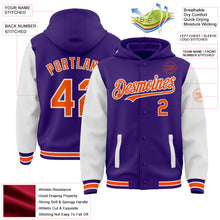 Charger l&#39;image dans la galerie, Custom Purple Orange-White Bomber Full-Snap Varsity Letterman Two Tone Hoodie Jacket
