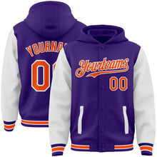 Charger l&#39;image dans la galerie, Custom Purple Orange-White Bomber Full-Snap Varsity Letterman Two Tone Hoodie Jacket
