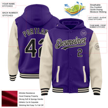 Charger l&#39;image dans la galerie, Custom Purple Black-Cream Bomber Full-Snap Varsity Letterman Two Tone Hoodie Jacket
