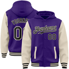 Charger l&#39;image dans la galerie, Custom Purple Black-Cream Bomber Full-Snap Varsity Letterman Two Tone Hoodie Jacket
