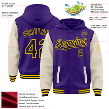 Загрузить изображение в средство просмотра галереи, Custom Purple Black Cream-Gold Bomber Full-Snap Varsity Letterman Two Tone Hoodie Jacket
