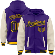 Загрузить изображение в средство просмотра галереи, Custom Purple Black Cream-Gold Bomber Full-Snap Varsity Letterman Two Tone Hoodie Jacket
