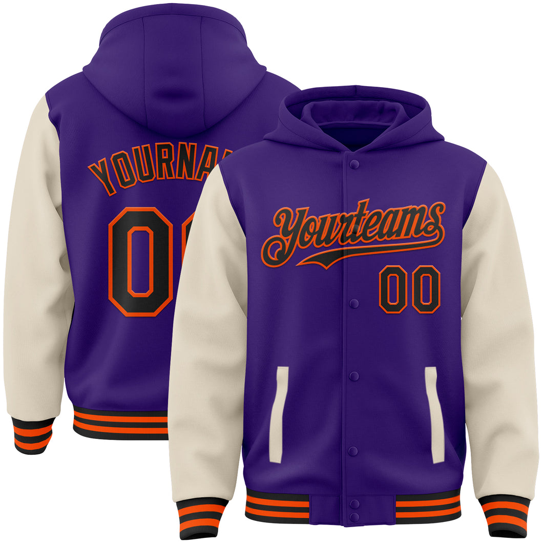 Custom Purple Black Cream-Orange Bomber Full-Snap Varsity Letterman Two Tone Hoodie Jacket