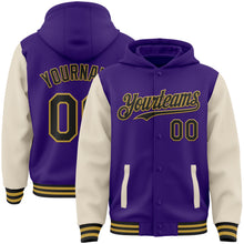 Загрузить изображение в средство просмотра галереи, Custom Purple Black Cream-Old Gold Bomber Full-Snap Varsity Letterman Two Tone Hoodie Jacket
