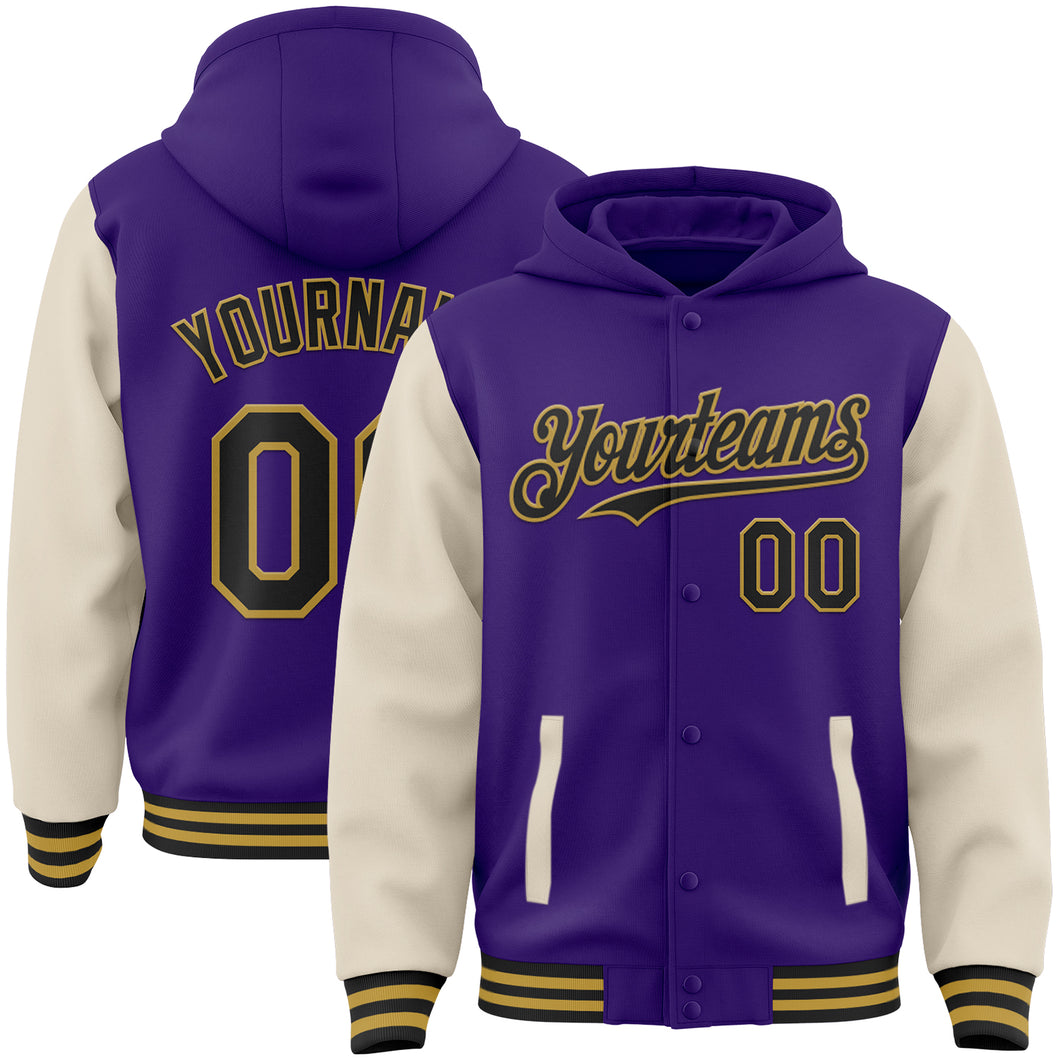 Custom Purple Black Cream-Old Gold Bomber Full-Snap Varsity Letterman Two Tone Hoodie Jacket