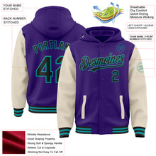 Laden Sie das Bild in den Galerie-Viewer, Custom Purple Black Cream-Teal Bomber Full-Snap Varsity Letterman Two Tone Hoodie Jacket
