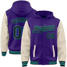 Загрузить изображение в средство просмотра галереи, Custom Purple Black Cream-Teal Bomber Full-Snap Varsity Letterman Two Tone Hoodie Jacket
