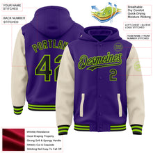 Charger l&#39;image dans la galerie, Custom Purple Black Cream-Neon Green Bomber Full-Snap Varsity Letterman Two Tone Hoodie Jacket
