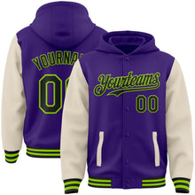 Charger l&#39;image dans la galerie, Custom Purple Black Cream-Neon Green Bomber Full-Snap Varsity Letterman Two Tone Hoodie Jacket
