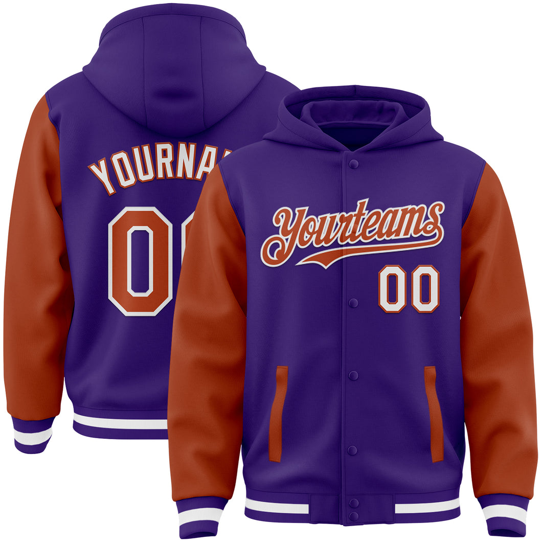 Custom Purple Texas Orange-White Bomber Full-Snap Varsity Letterman Two Tone Hoodie Jacket