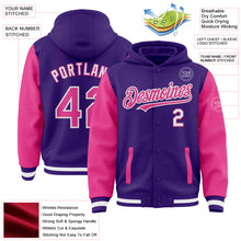 Charger l&#39;image dans la galerie, Custom Purple Pink-White Bomber Full-Snap Varsity Letterman Two Tone Hoodie Jacket
